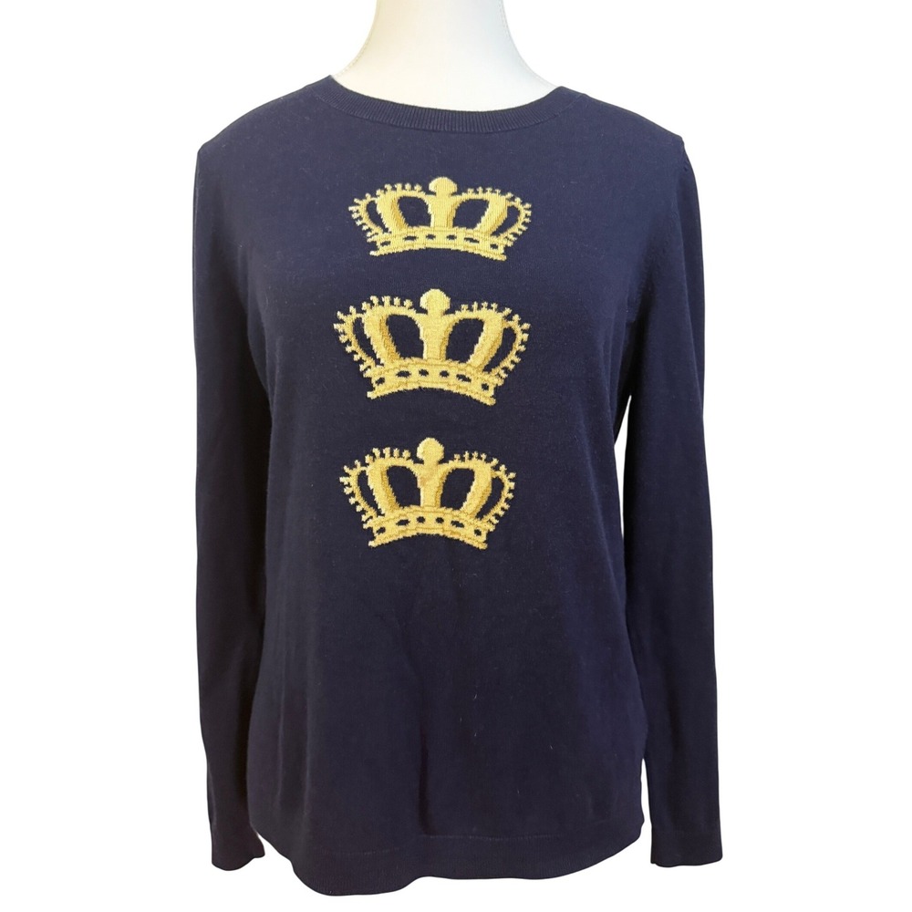 Talbots Sweater Women M Navy Gold Crown Embroidered Knit Regal Preppy Academia
